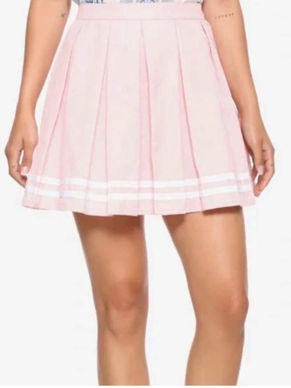 Hot Topic Kawaii Pastel Goth Pink Pleated Skater Mini Skirt White Stripes hem